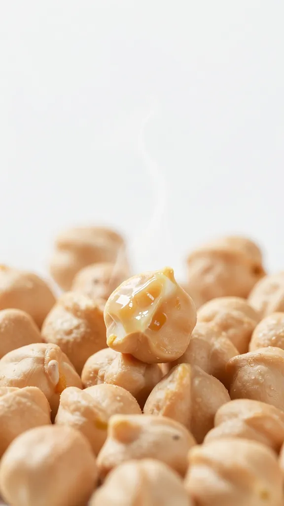 Steamy interior view of chickpea bite cross-section, bright light