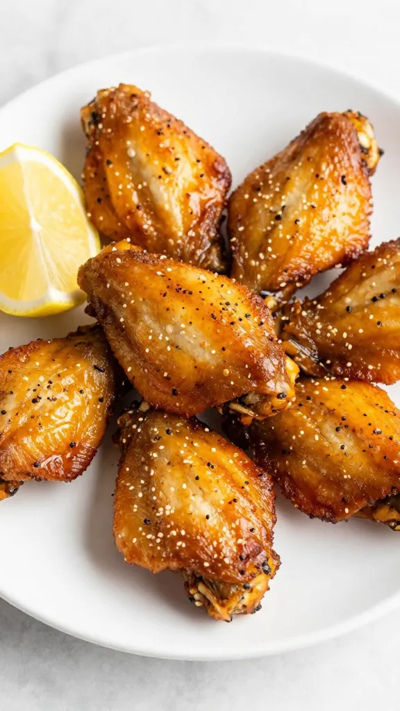 Plate of buffalo-style gluten-free wings, lemon wedge
