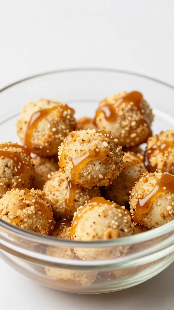 glass bowl of bites with maple glaze drizzle