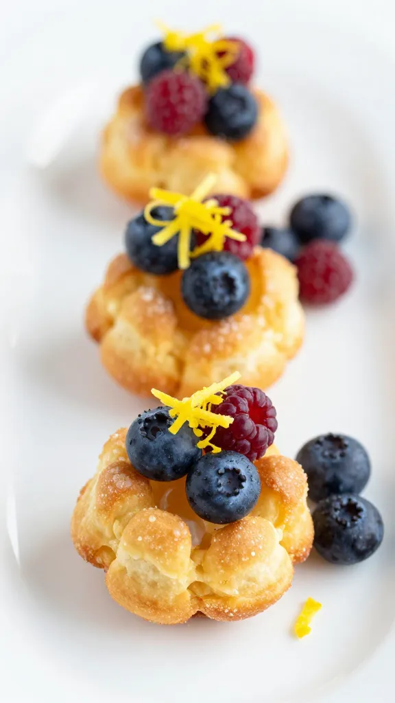 lemon zest and berries garnish on funnel cake bites plate