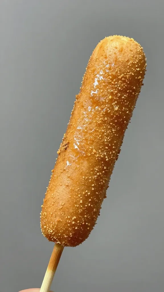 Gluten-free corn dogs on sticks, crispy batter close-up