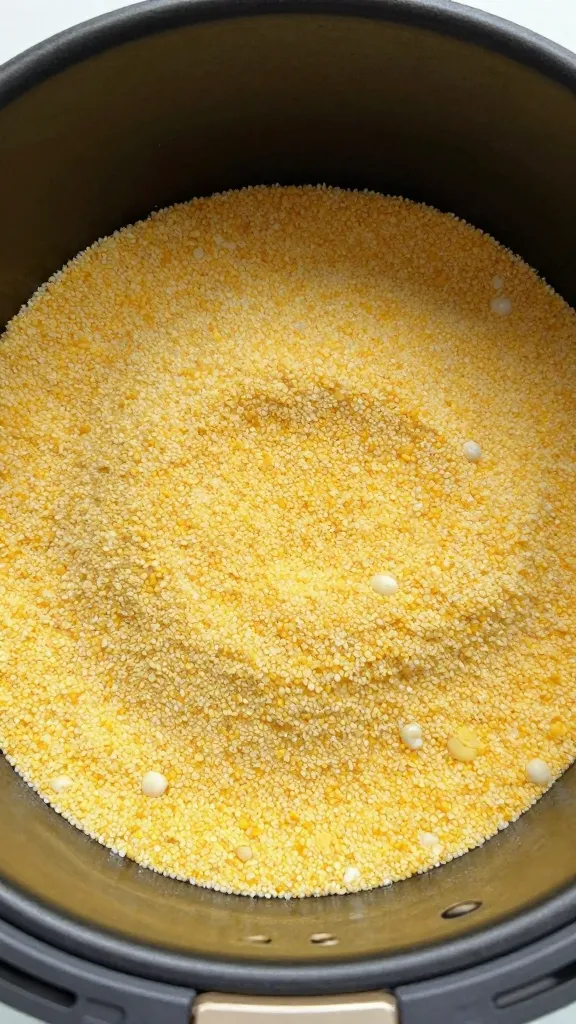 Air fryer skillet with gluten-free cornmeal mix, raw ingredients