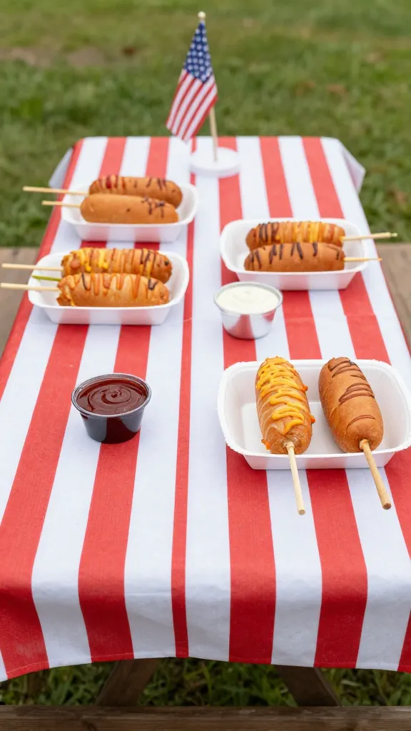 4th of July picnic table, corn dogs and dipping sauces