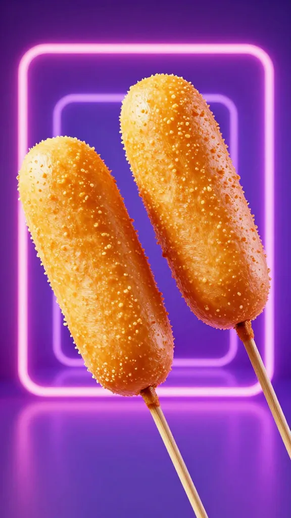 Studio shot: golden gluten-free corn dogs, neon background lighting