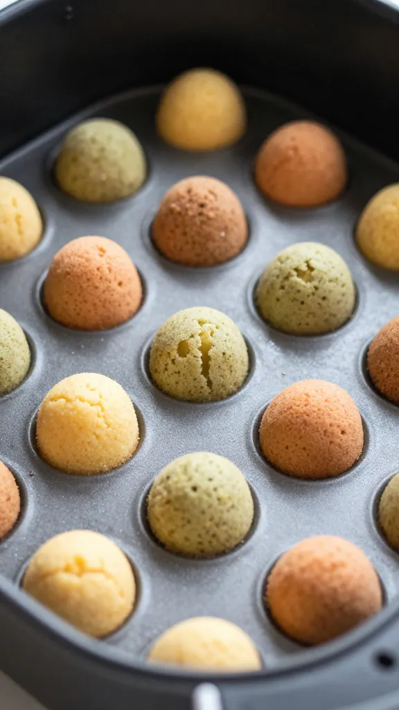 Air fryer bake tray with colorful cake bites closeup