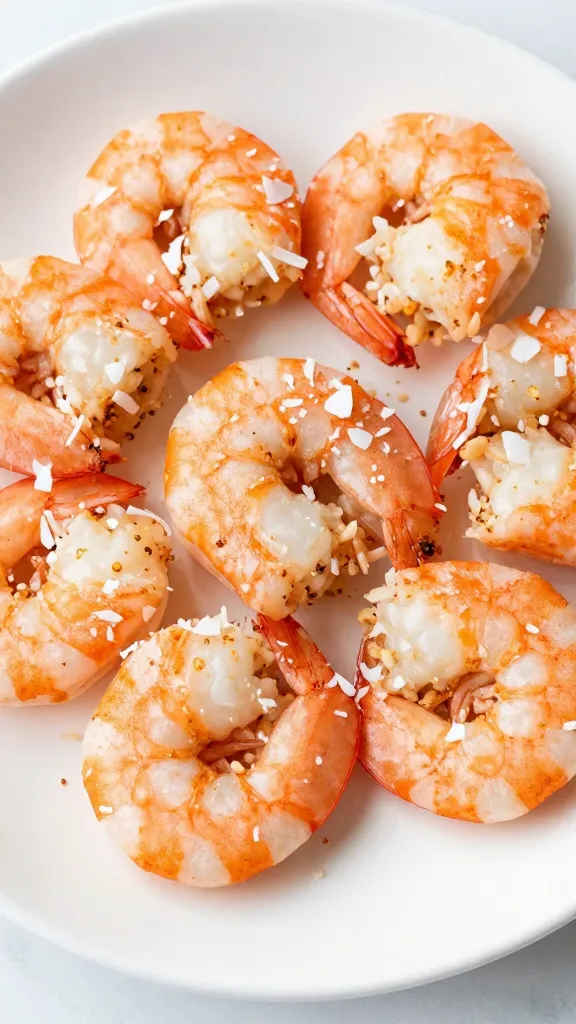 Gluten-free coconut shrimp on white plate with coconut flakes
