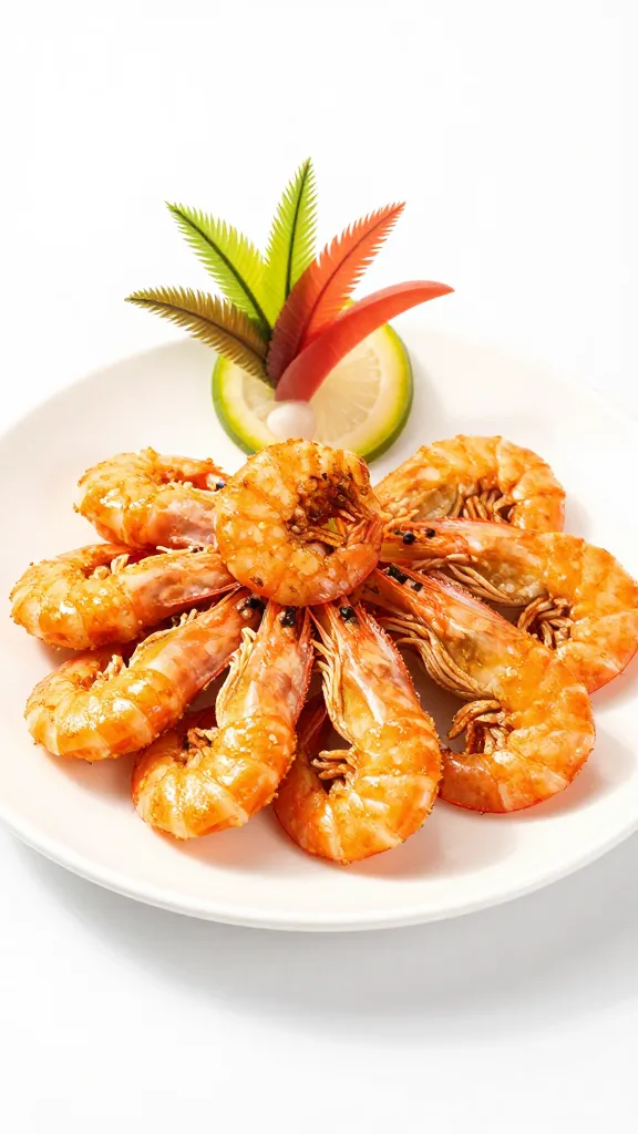 Plate of crispy shrimp, tropical garnish, clean white backdrop