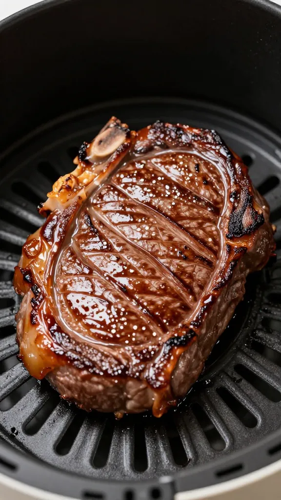Ribeye steak sizzling on air fryer glossy crust