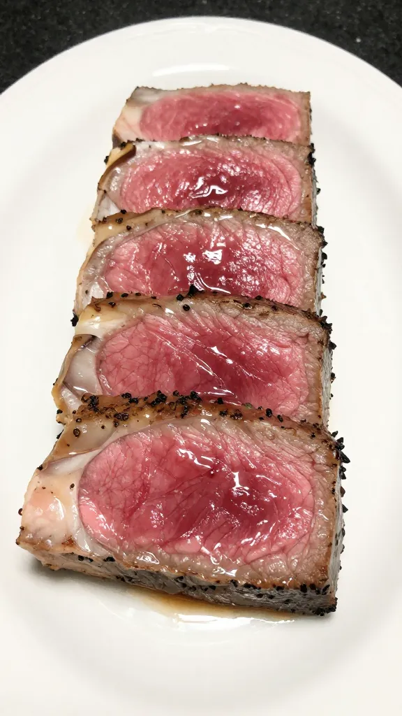 Line-of-plate ribeye with pink center, glossy juices