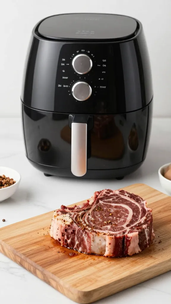 Kitchen scene: air fryer, cutting board, seasoned ribeye