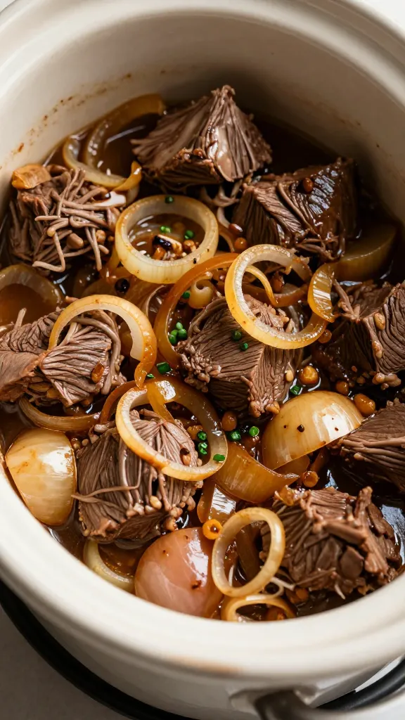Slow cooker beef pot roast in ceramic pot with onions