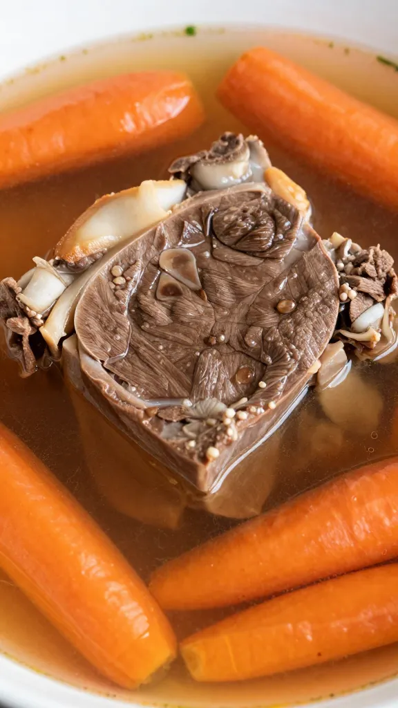 Close-up of chuck roast with carrot wedges in broth