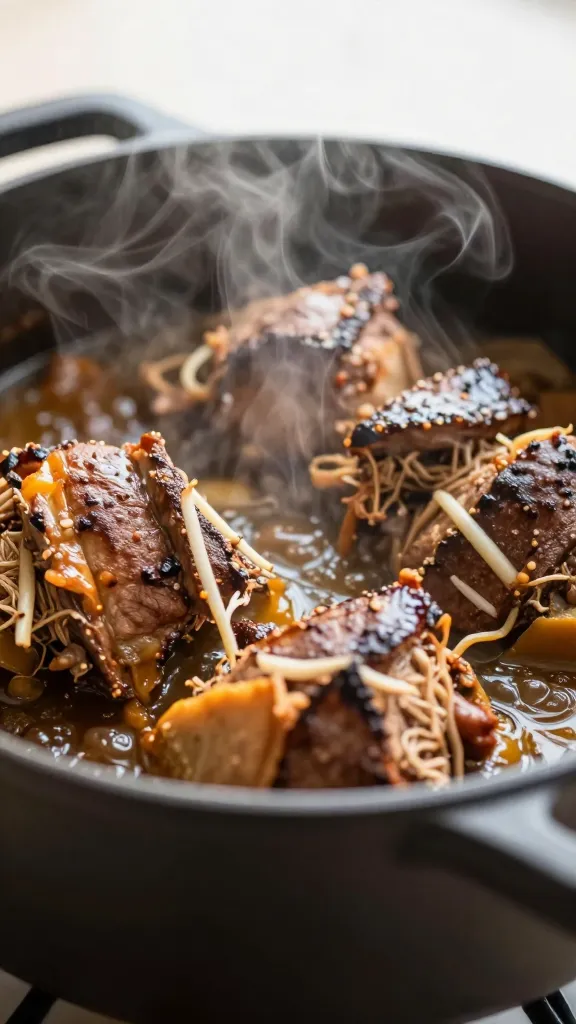Steam rising from cozy four-ingredient pot roast dish