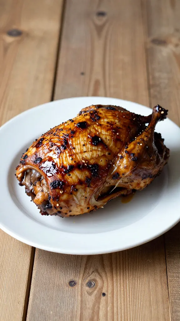 Rustic kitchen scene: prepared roast serving on white plate