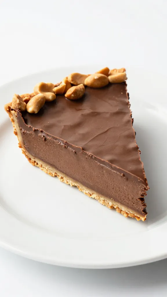 No-bake chocolate peanut butter pie slice on white plate