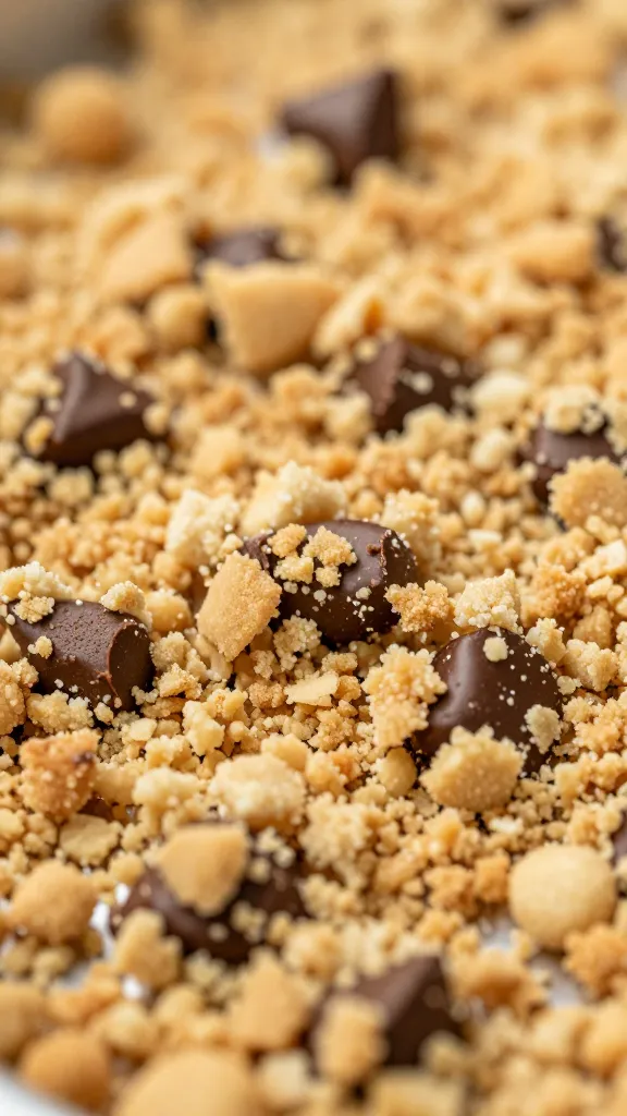 Crushed cookie crust close-up with chocolate filling