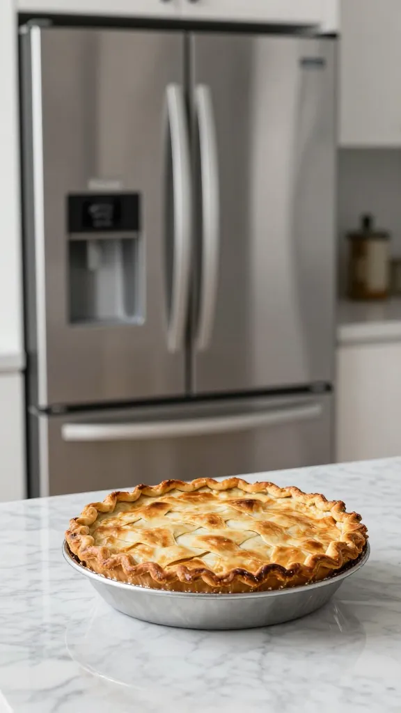 Refrigerator setting with pie presentation on marble counter