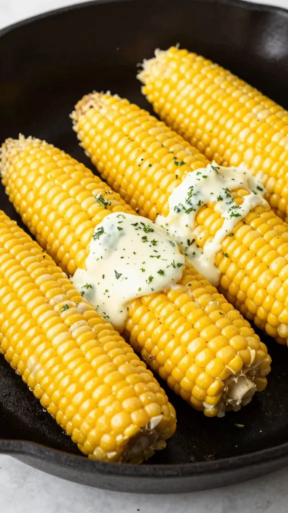 skillet corn on the cob with herb butter, bright lighting