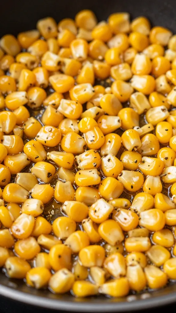 close-up of corn kernels caramelizing in skillet, herbs sprinkled