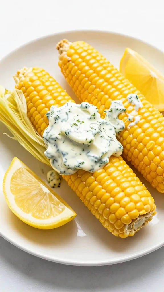 plate of corn on the cob with herb butter, lemon wedge garnish