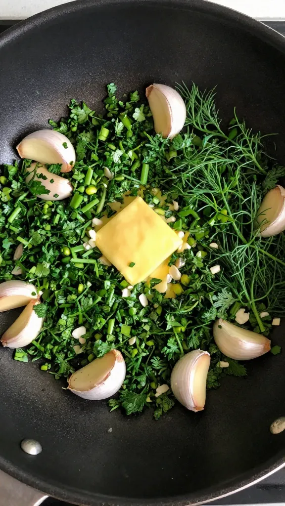 top-down shot of skillet with garlic, butter, chopped parsley and dill