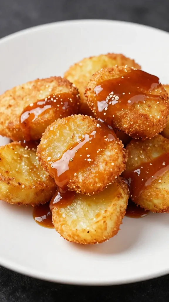 Crispy potato medallions beside glossy steak glaze