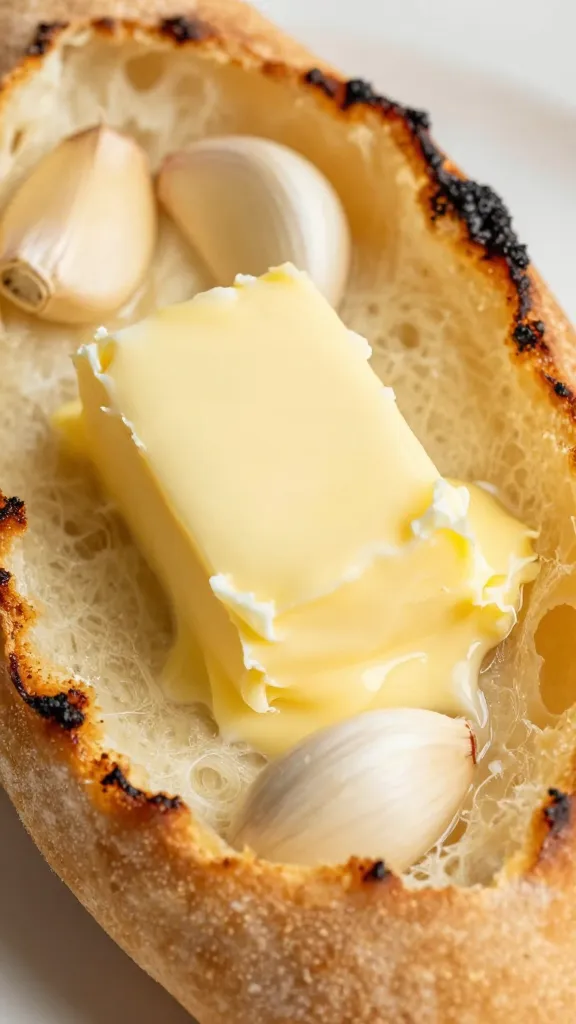 Close-up: melted butter, garlic, and seared crust