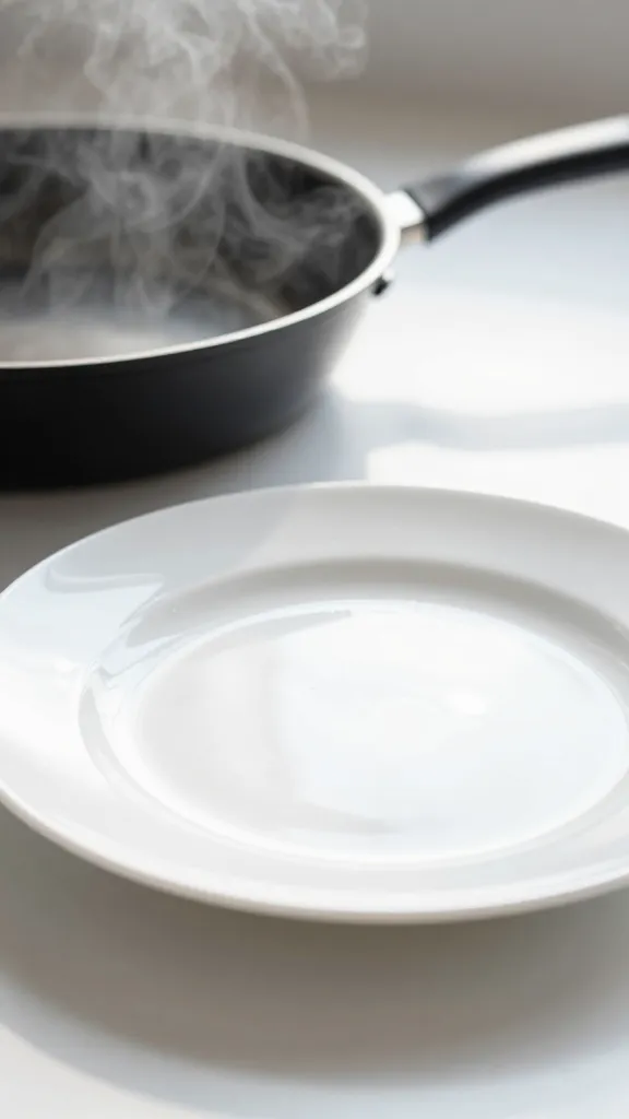 White plate morning light with skillet and steam