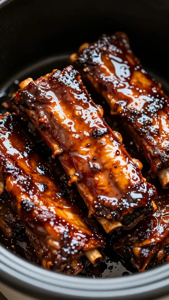 Slow cooker ribs, glossy BBQ glaze close-up