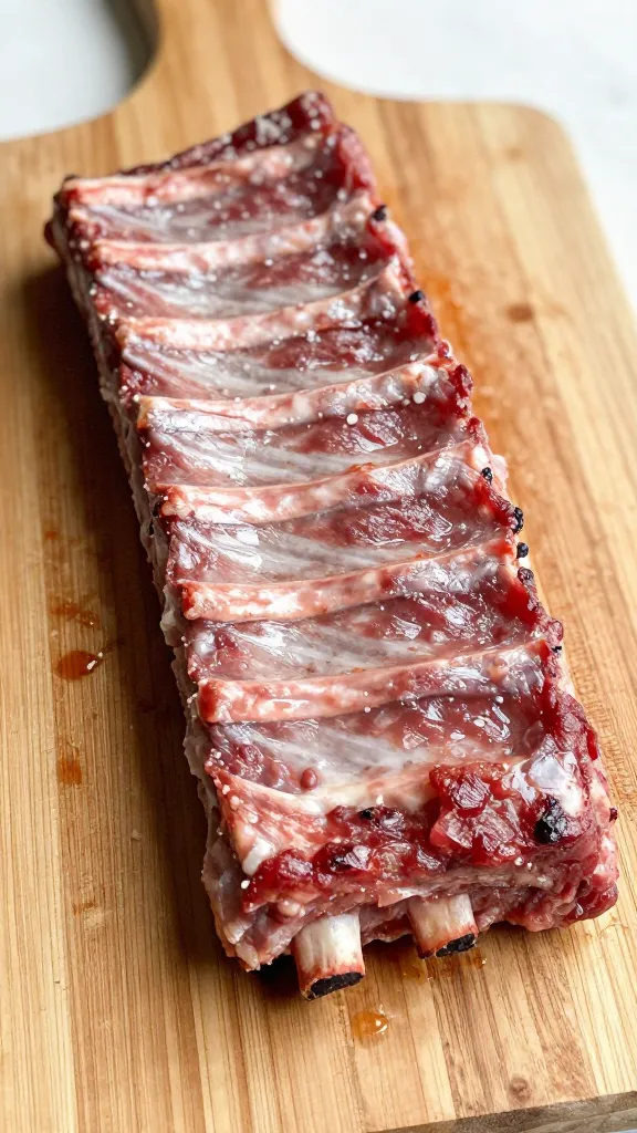 Fall-off-bone ribs on wooden butcher block