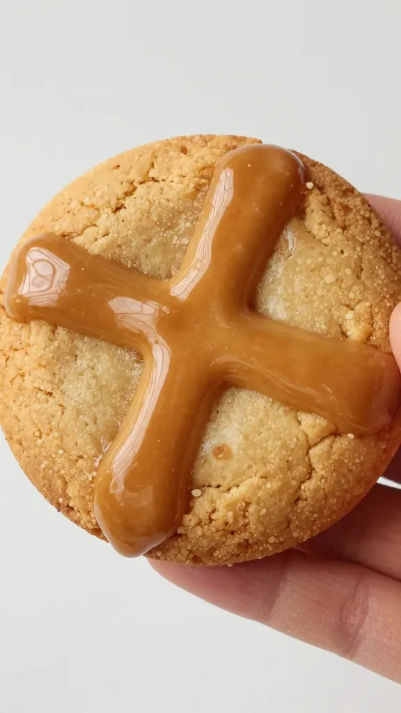 Fudgy shiny cookie cross-section in hand glaze