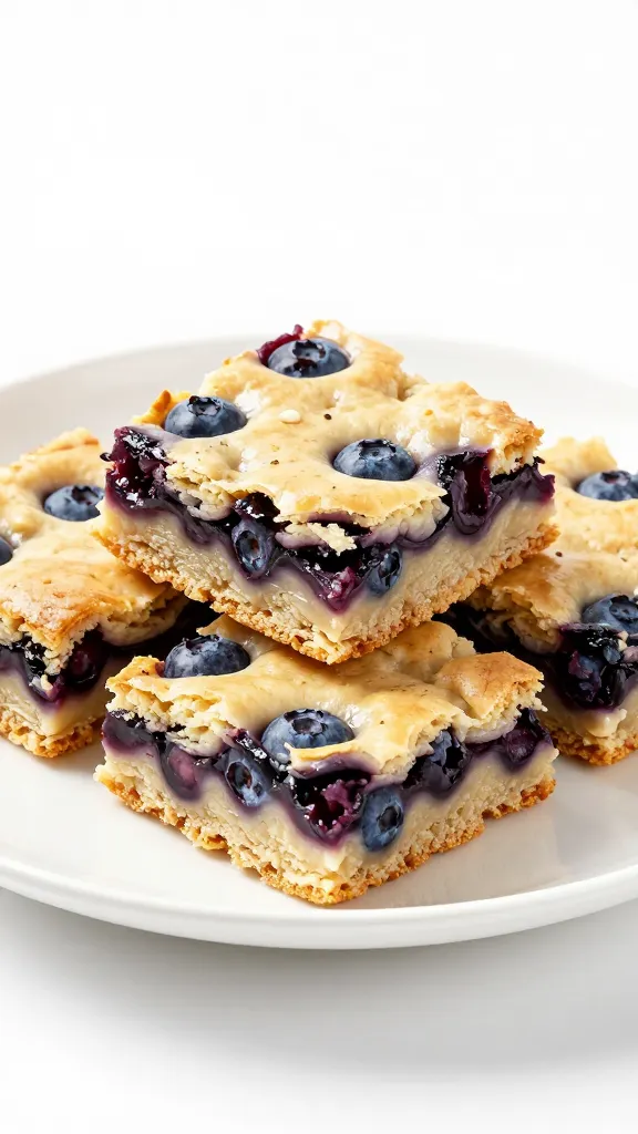 gluten-free blueberry bars on white plate, clean studio lighting