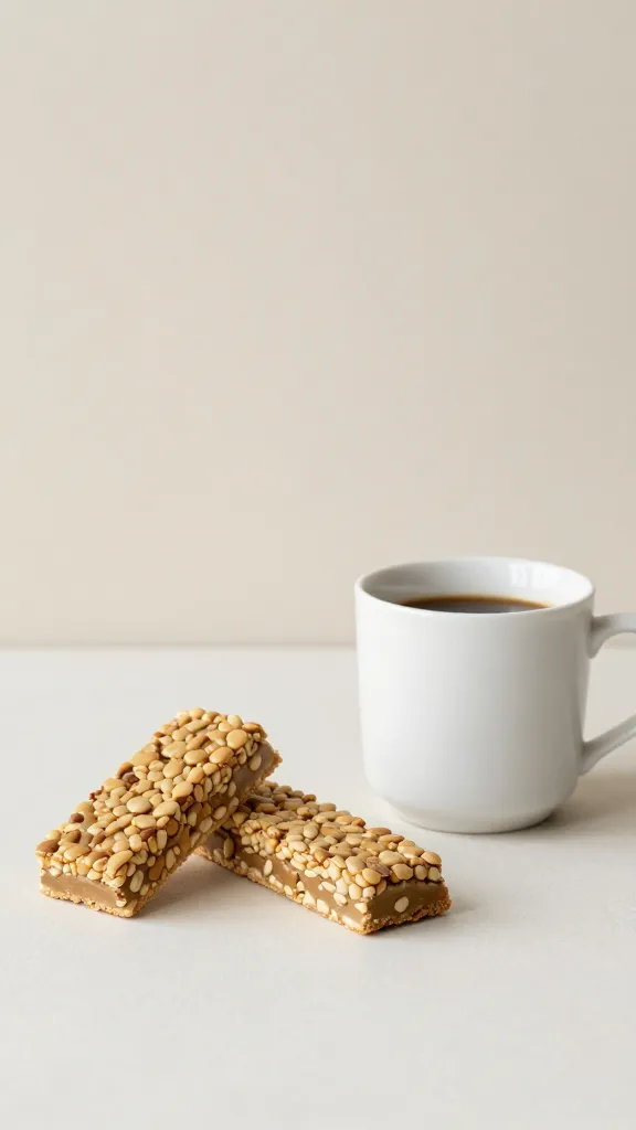 cafe-style setup with gluten-free bars and coffee, minimal backdrop
