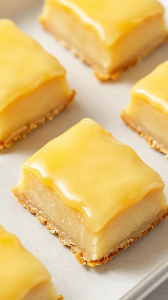 close-up crust and lemon glaze, golden bars on parchment
