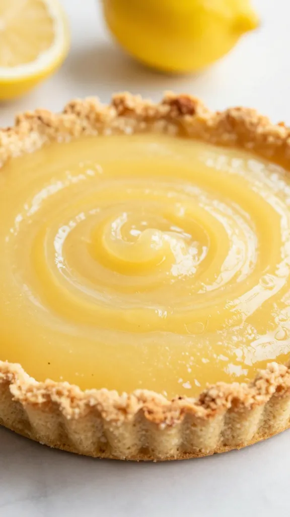 baking scene: almond flour crust, lemon filling, shallow depth of field