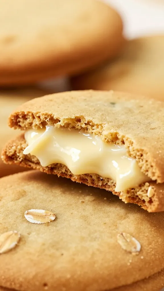 Close-up of oat cookies with creamy filling mid-bite