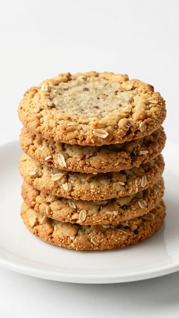 White plate, stacked gluten-free oatmeal cookies, subtle crumb specks