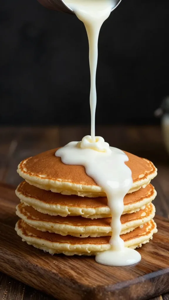 Buttermilk pouring over pancakes on rustic wooden board