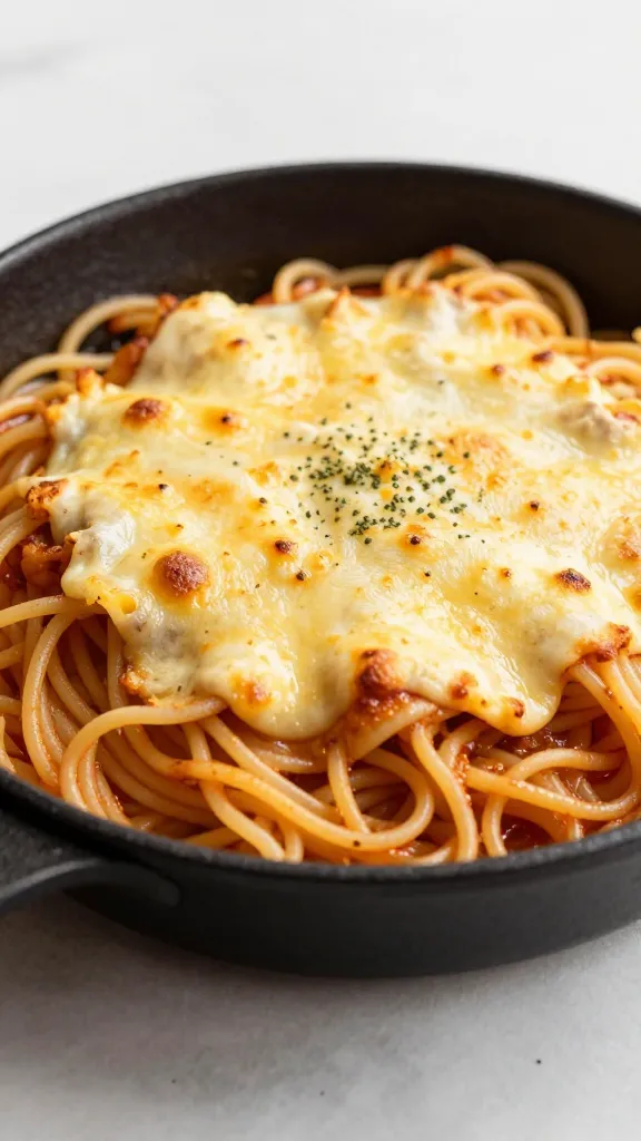 Baked spaghetti in a skillet, cheesy crust glow