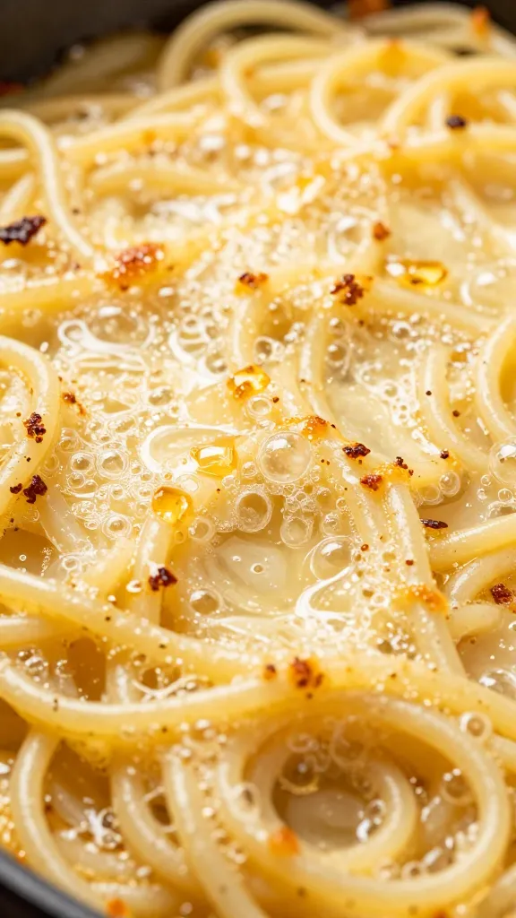 Close-up of bubbling baked spaghetti, golden top