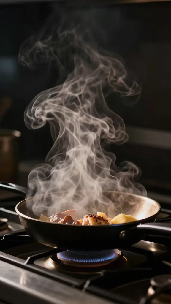Nighttime oven-shot, steam rising from pan