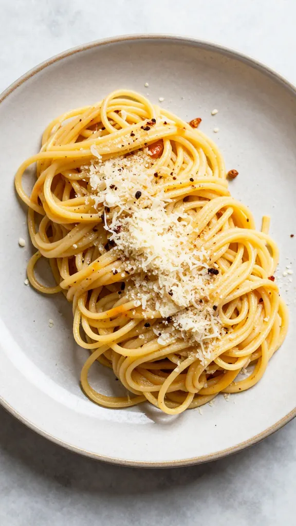 Rustic plate of sliced baked spaghetti, Parmesan sprinkles