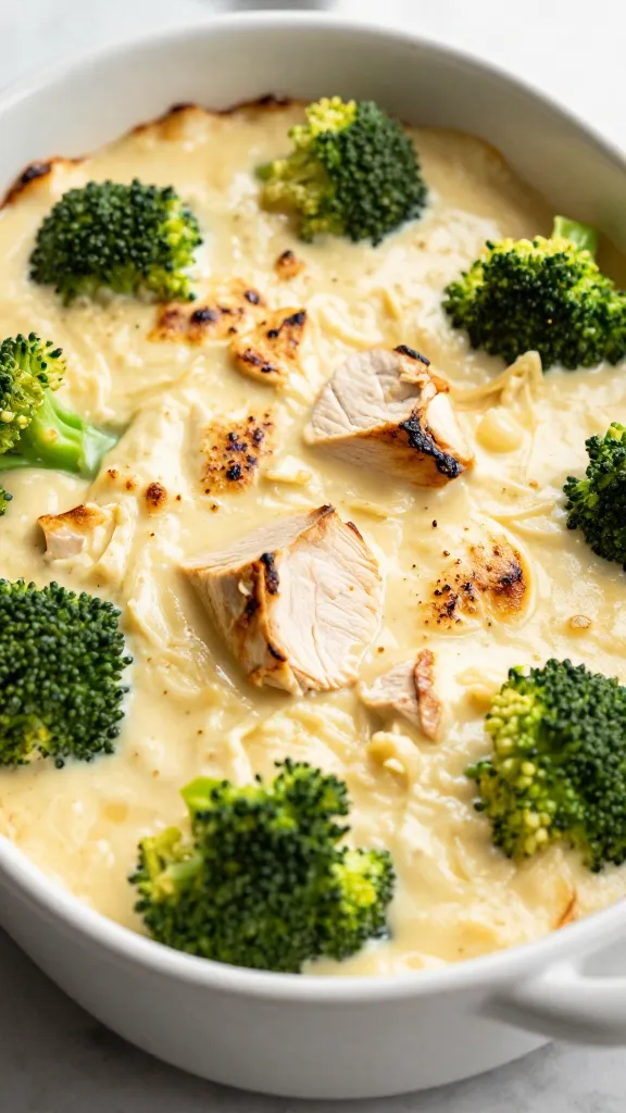 creamy chicken divan casserole in baking dish, broccoli florets