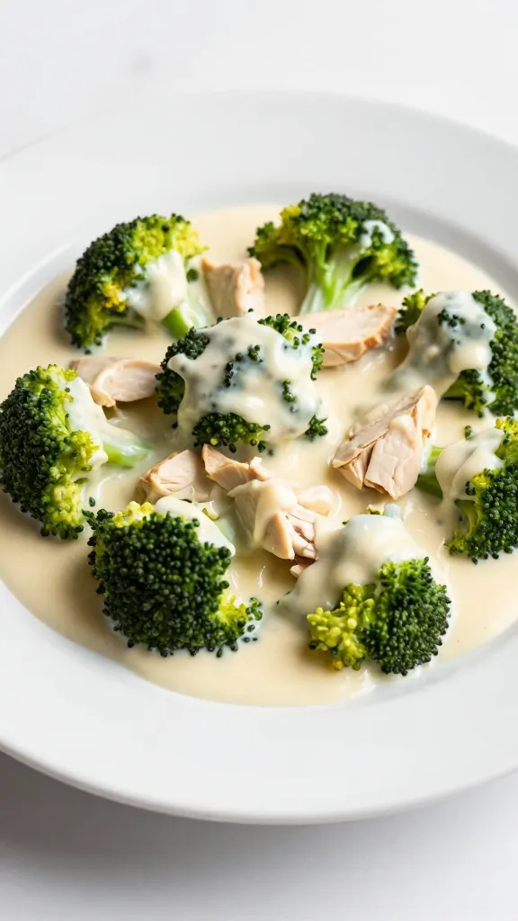 side view plate: creamy sauce swirled with chicken and broccoli