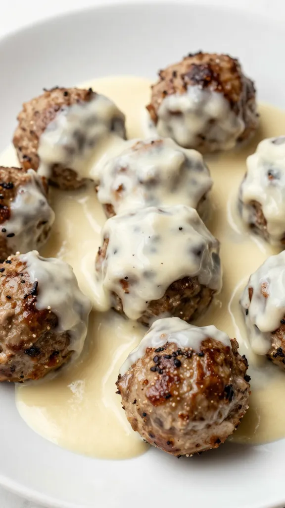 Swedish meatballs with glossy cream sauce on plate