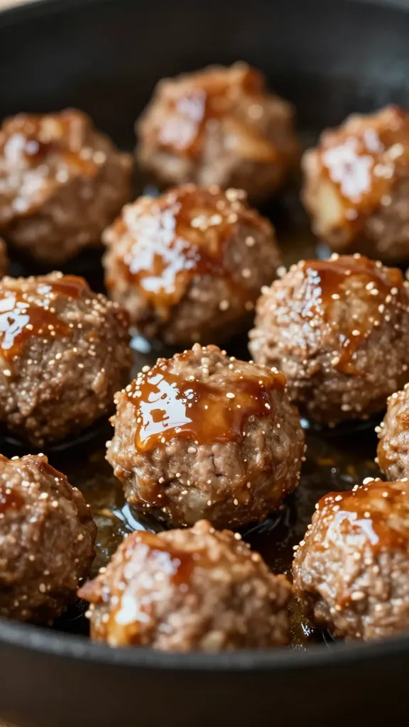 Close-up: pork-beef meatballs glazed, skillet edge