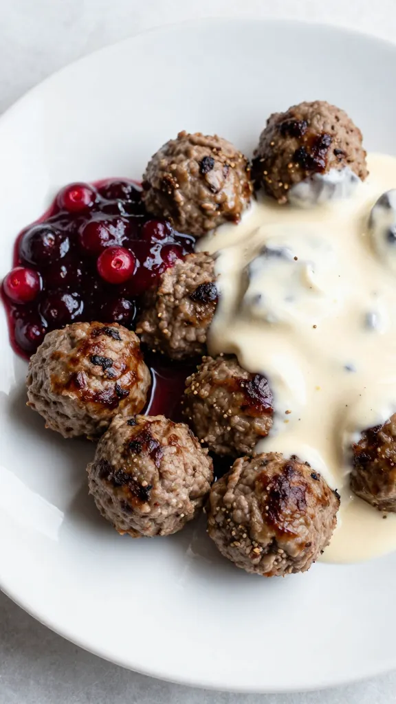 Plate with meatballs, lingonberry jam dollop, creamy gravy