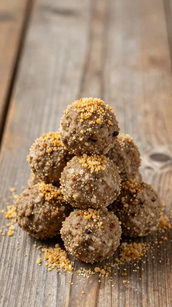 Tender meatball stack, bread-crumb coating, rustic wooden table