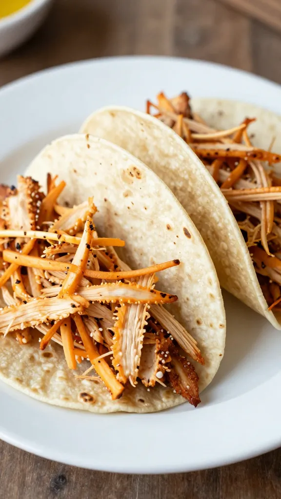 Plate of shredded chicken tacos with soft tortillas