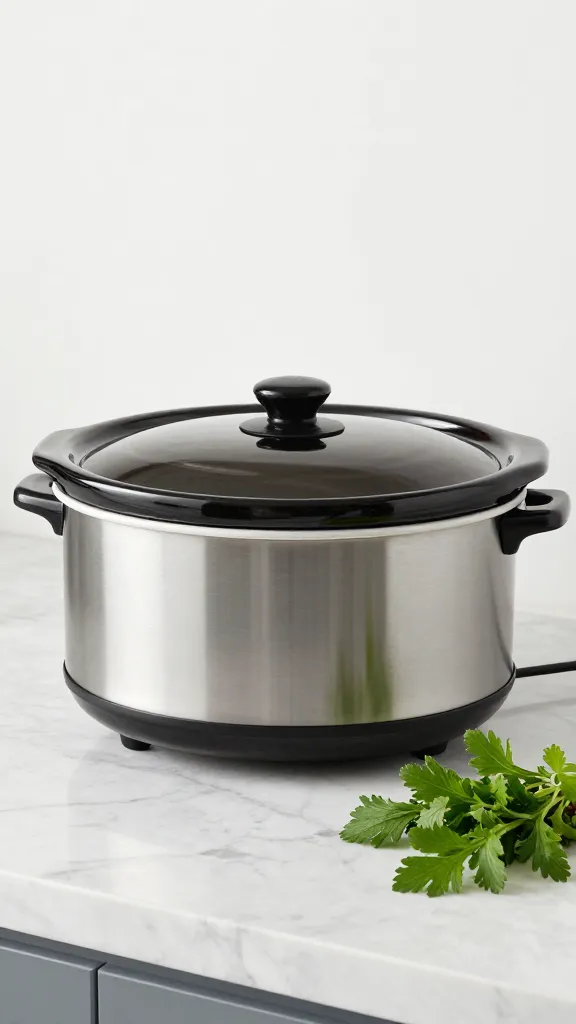 Slow cooker on kitchen counter with fresh herbs
